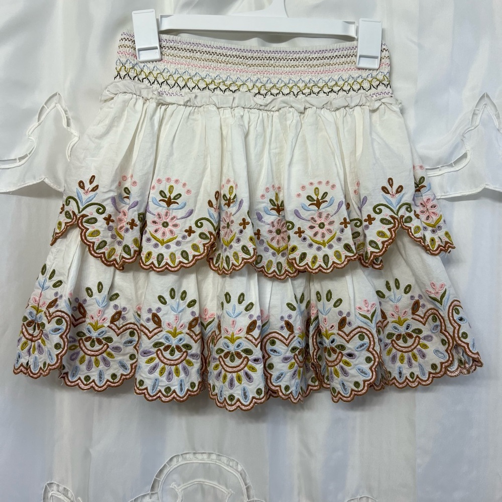 Love the Label Embroidered Tiered Mini Skirt Boho Cotton Scallop Hem Size Small - Picture 2 of 10